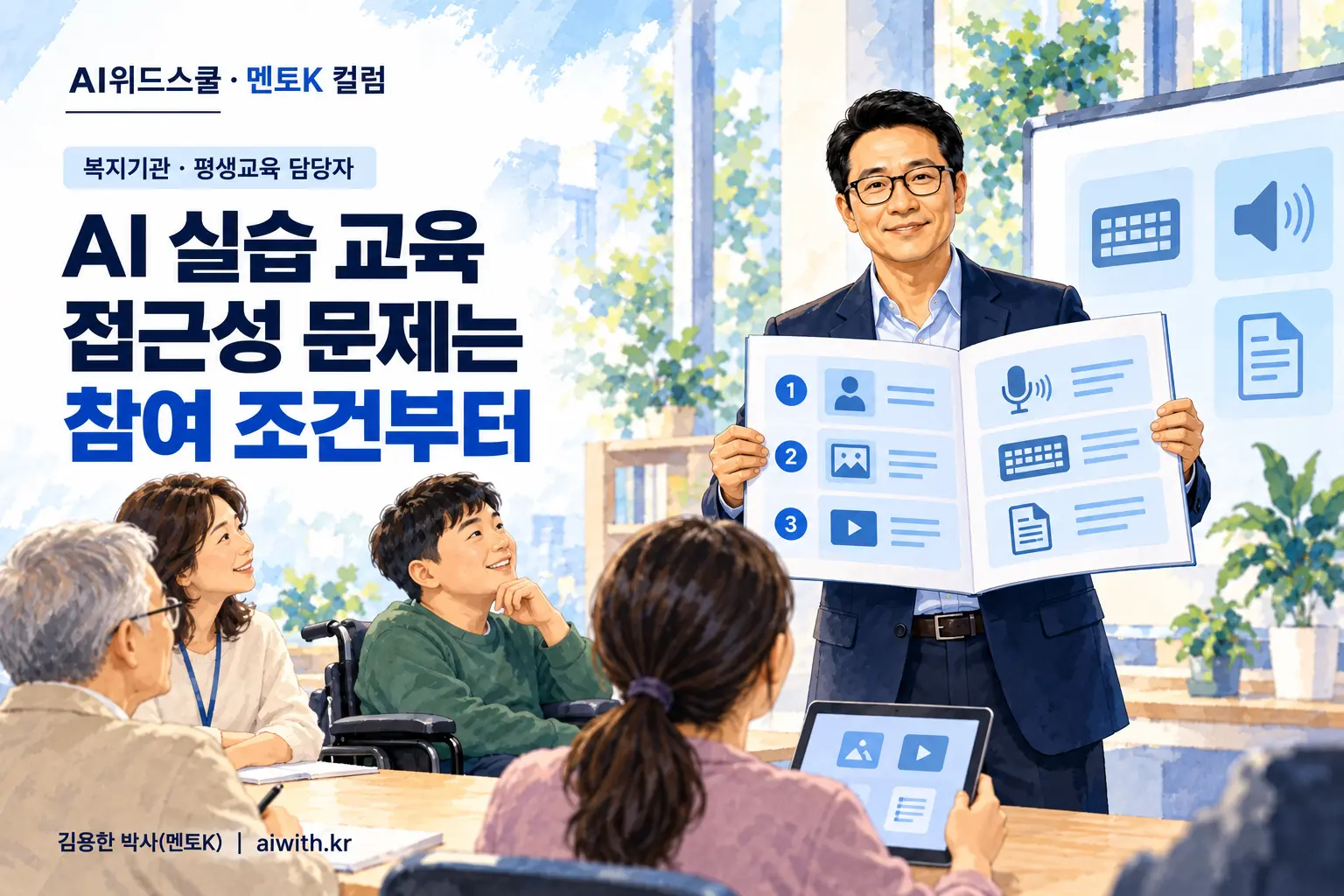 네이비 재킷과 검은 안경의 멘토K가 큰 글자 안내서를 들고 다양한 성인 학습자의 AI 실습 참여를 안내하는 일러스트