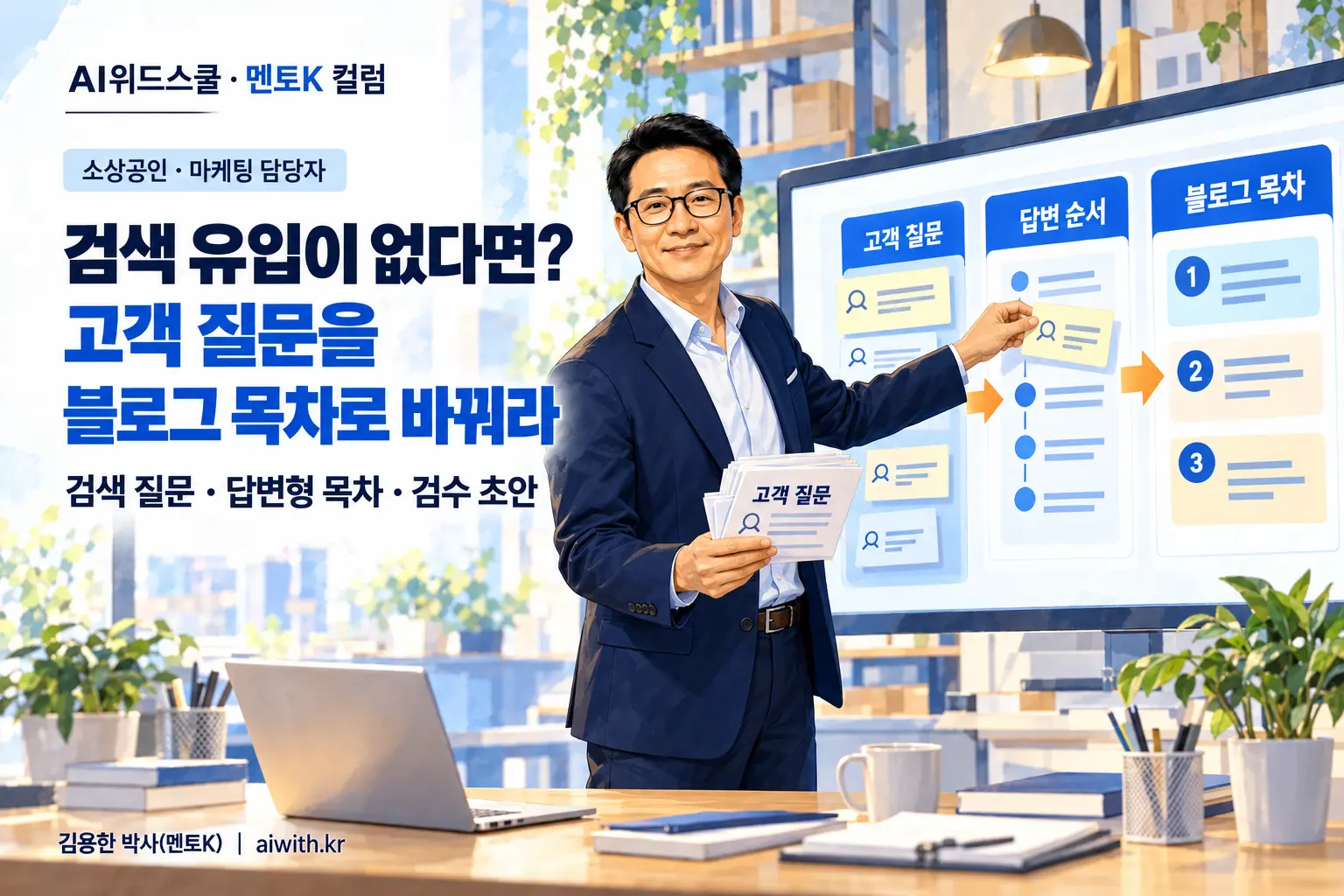 소상공인과 마케팅 담당자를 위한 AI 블로그 글쓰기 실습에서 멘토K가 검색 질문 메모를 블로그 목차로 옮기는 일러스트