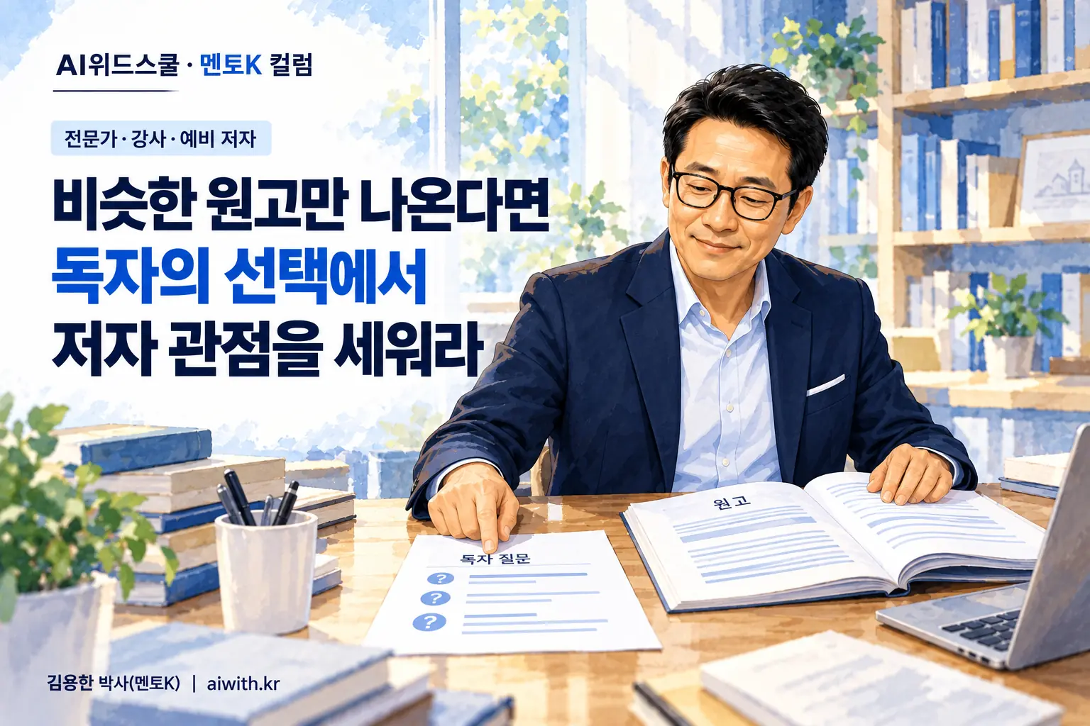 검은 안경과 네이비 재킷의 멘토K가 책상 위 열린 원고와 독자 질문표를 함께 검토하는 일러스트