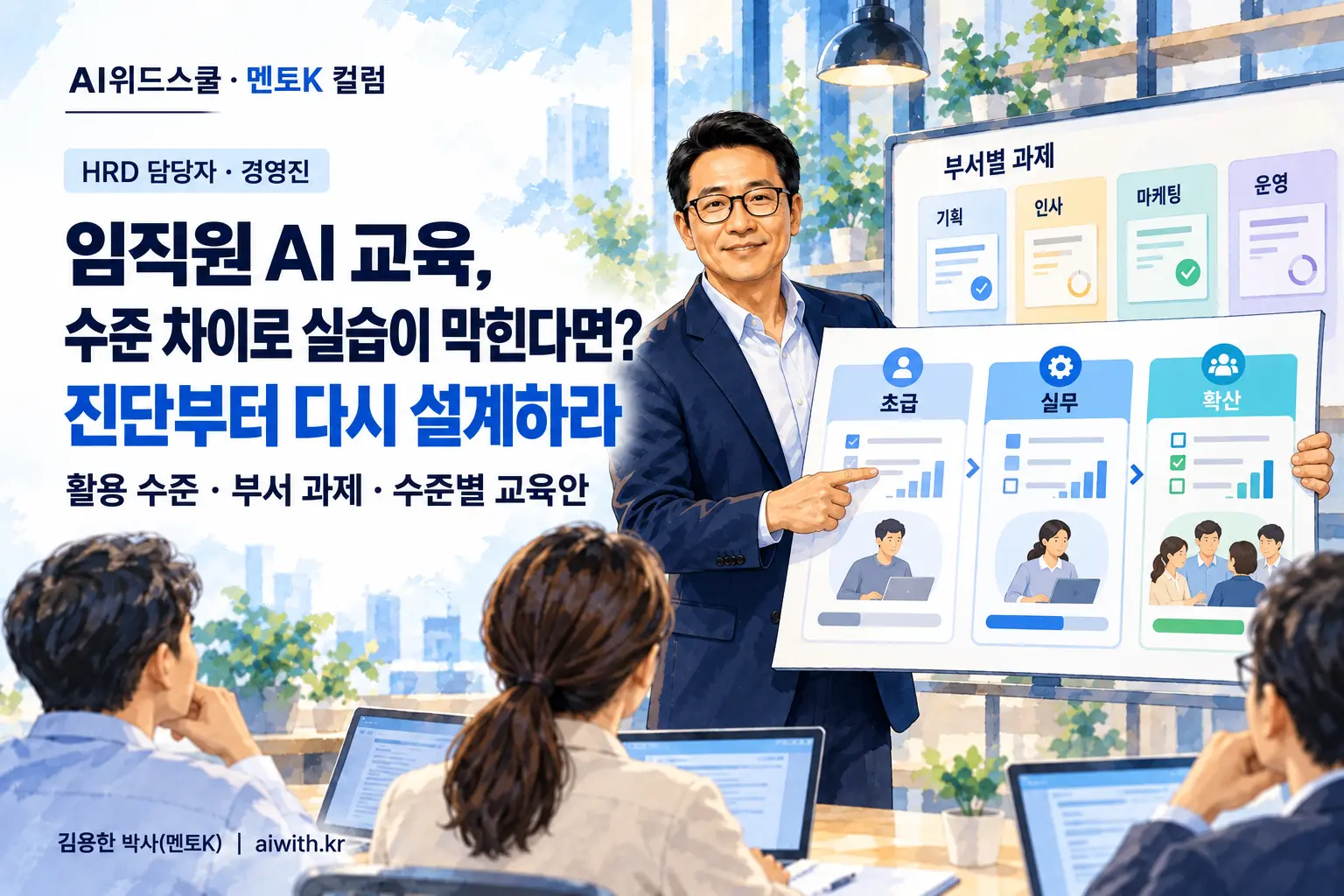 HRD 담당자를 위한 임직원 AI 교육에서 멘토K가 초급·실무·확산 수준 진단표를 펼쳐 참가자 수준을 비교하는 일러스트