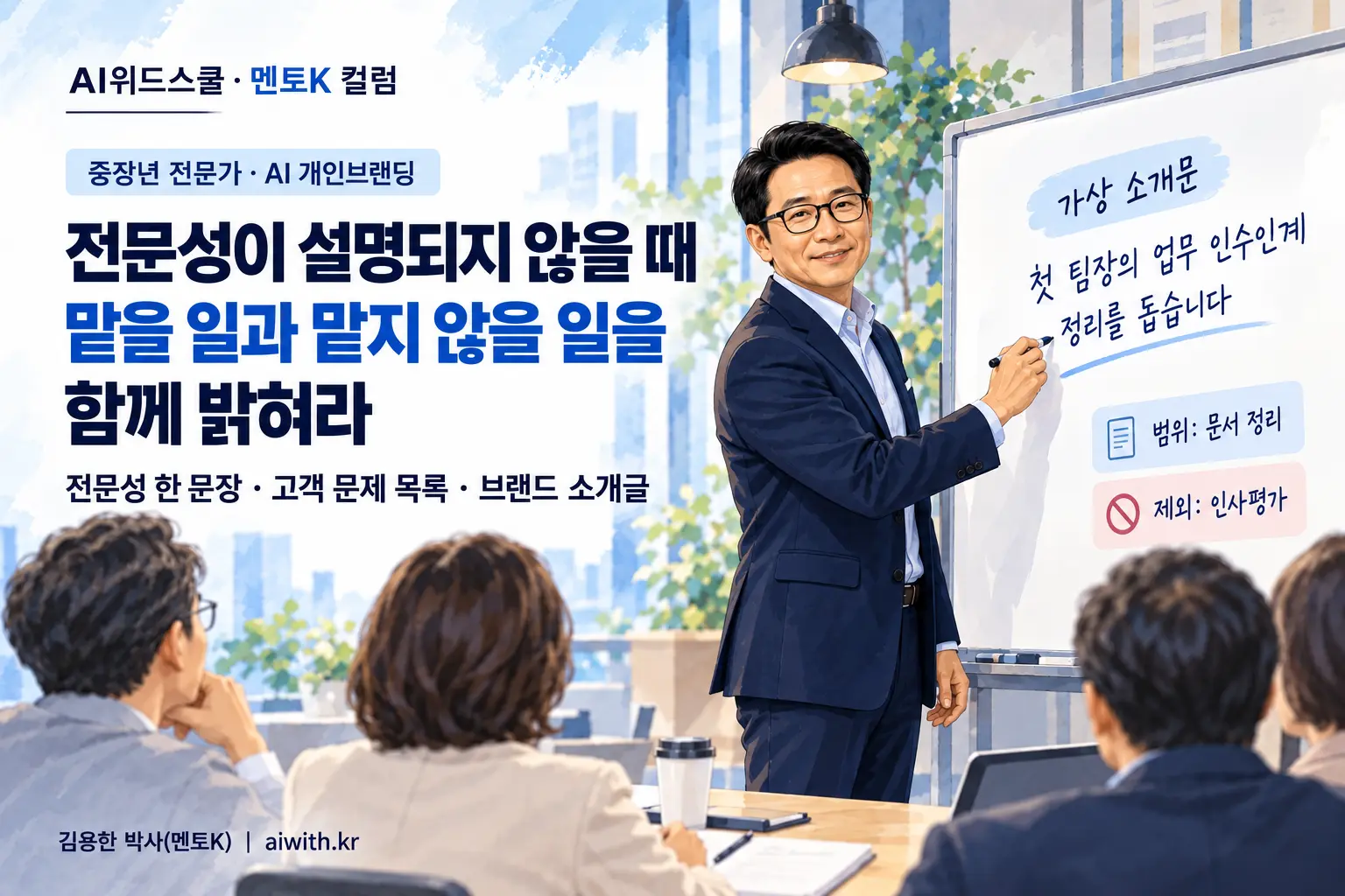 중장년 전문가의 AI 개인브랜딩 실습에서 멘토K가 보드에 전문가 소개 한 문장을 쓰고 지원 범위와 제외할 일을 표시하는 일러스트