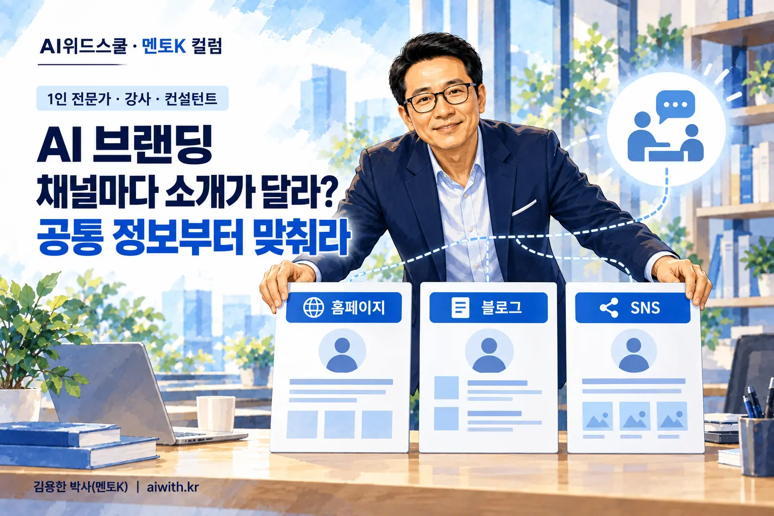 네이비 재킷과 검은 안경의 멘토K가 홈페이지·블로그·SNS 소개 카드를 책상 위 한 줄로 맞추며 공통 정보를 정리하는 일러스트