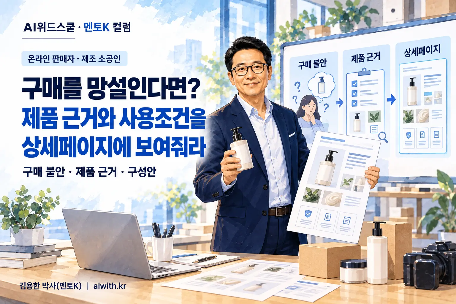 온라인 판매자와 제조 소공인을 위한 AI 상세페이지 실습에서 멘토K가 제품 샘플과 상세페이지 초안을 함께 제시하는 일러스트