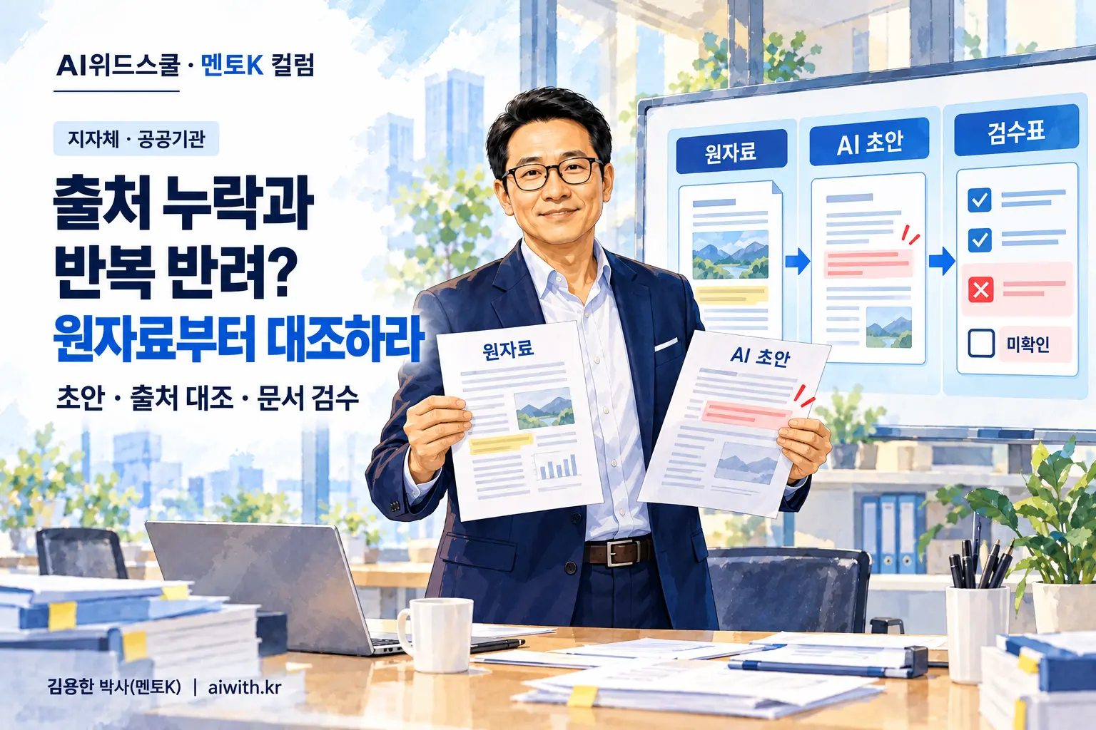 지자체·공공기관 AI 보고서 교육에서 멘토K가 원자료와 AI 초안을 양손에 들고 출처 대조와 문서 검수를 설명하는 일러스트