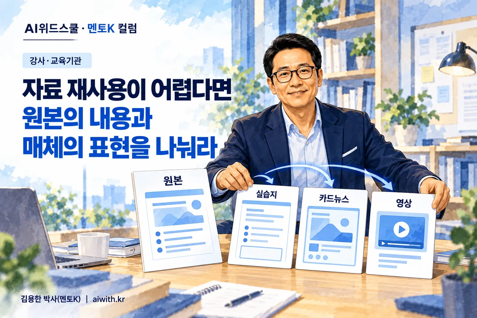 검은 안경과 네이비 재킷의 멘토K가 슬라이드 원본 옆에서 실습지·카드뉴스·영상으로 확장할 카드를 펼치는 일러스트
