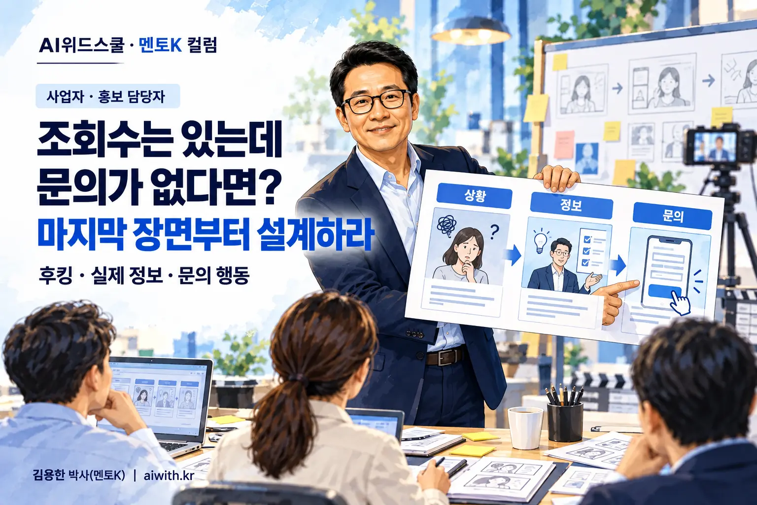 사업자와 홍보 담당자를 위한 AI 숏폼 실습에서 멘토K가 촬영 스토리보드를 들고 상황·정보·문의 장면의 행동을 설명하는 일러스트