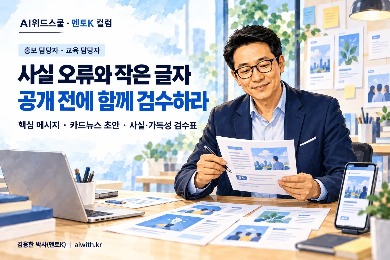 검은 안경과 네이비 재킷의 멘토K가 카드뉴스 인쇄물을 들고 펜으로 글자 가독성과 출처를 점검하는 일러스트
