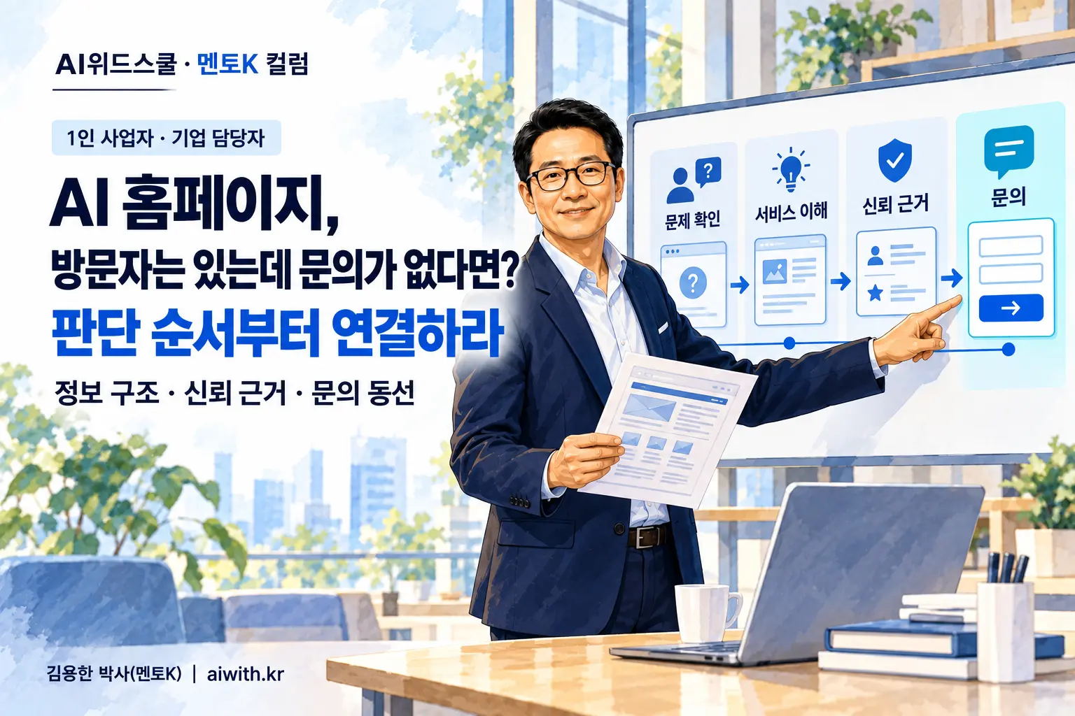 네이비 재킷과 검은 안경의 멘토K가 문제 확인·서비스 이해·신뢰 근거·문의가 연결된 사이트 동선 보드에서 문의 지점을 짚는 일러스트